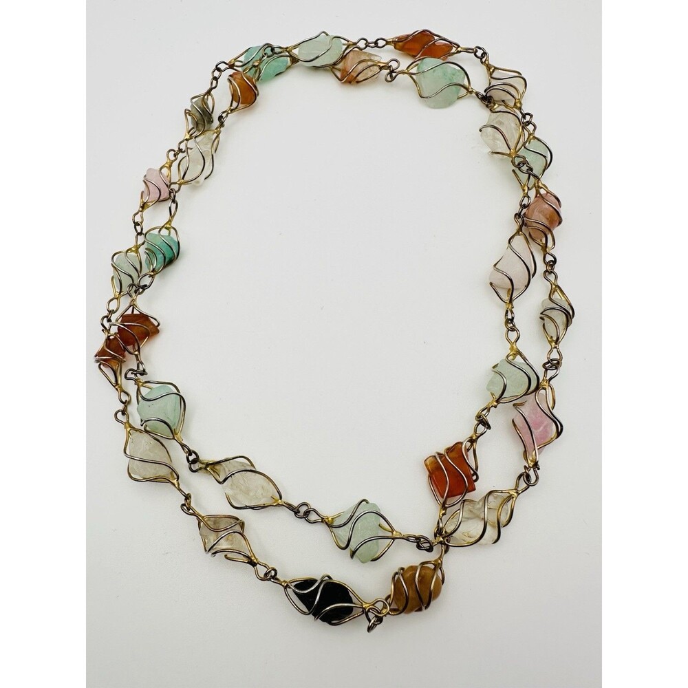 Vintage Beaded Necklace Caged Polished Gemstone Gold Tone 30”semiprecious Wire